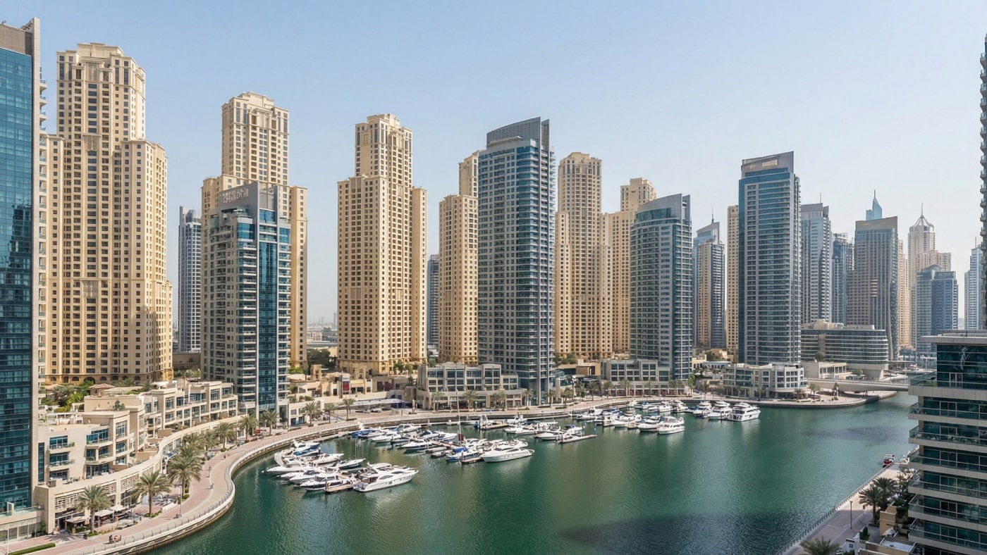 AI Generated Image of Dubai Marina, showcasing high-rise apartment buildings surrounding the waterfront promenade and docked yachts.