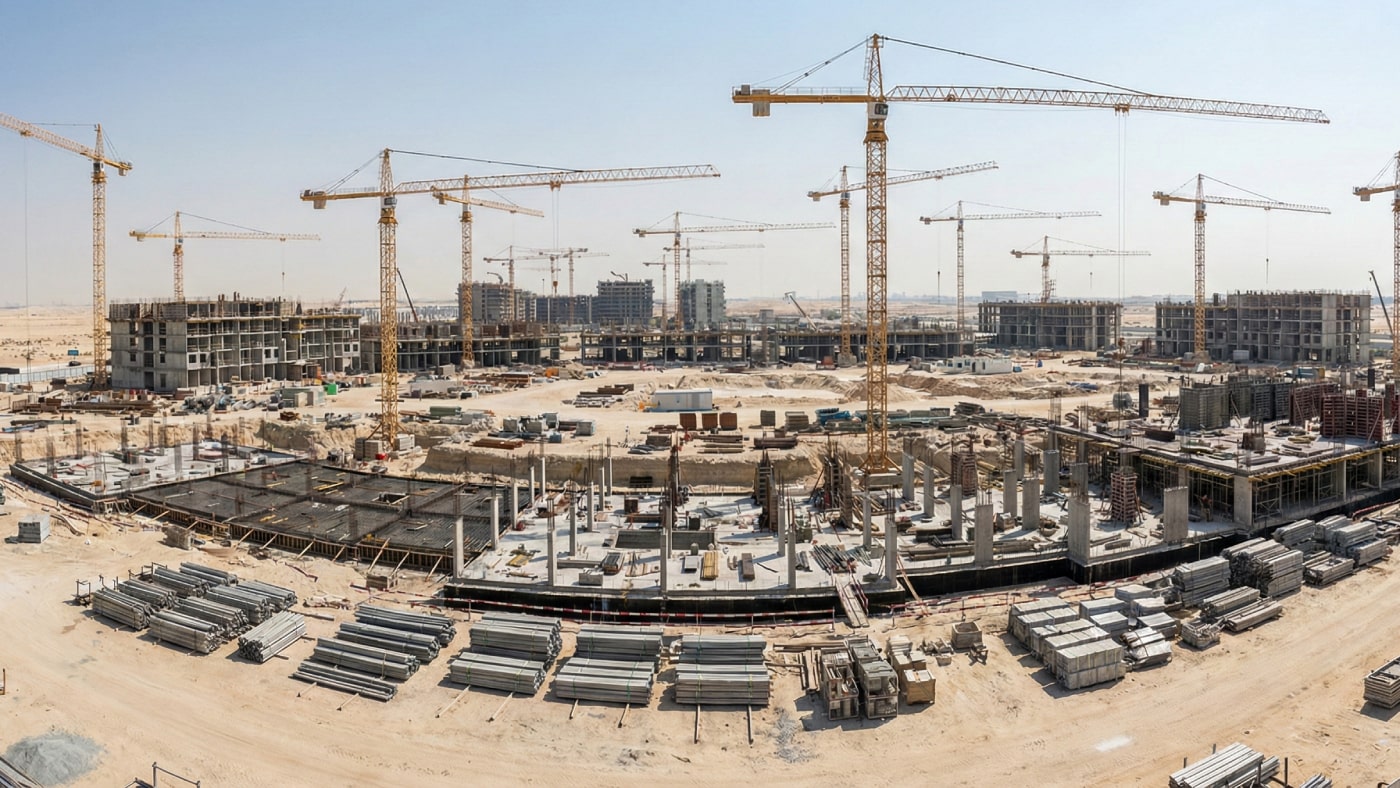 AI Generated Image of a massive off-plan residential construction site in the Dubai desert, with numerous cranes and ongoing foundation work.
