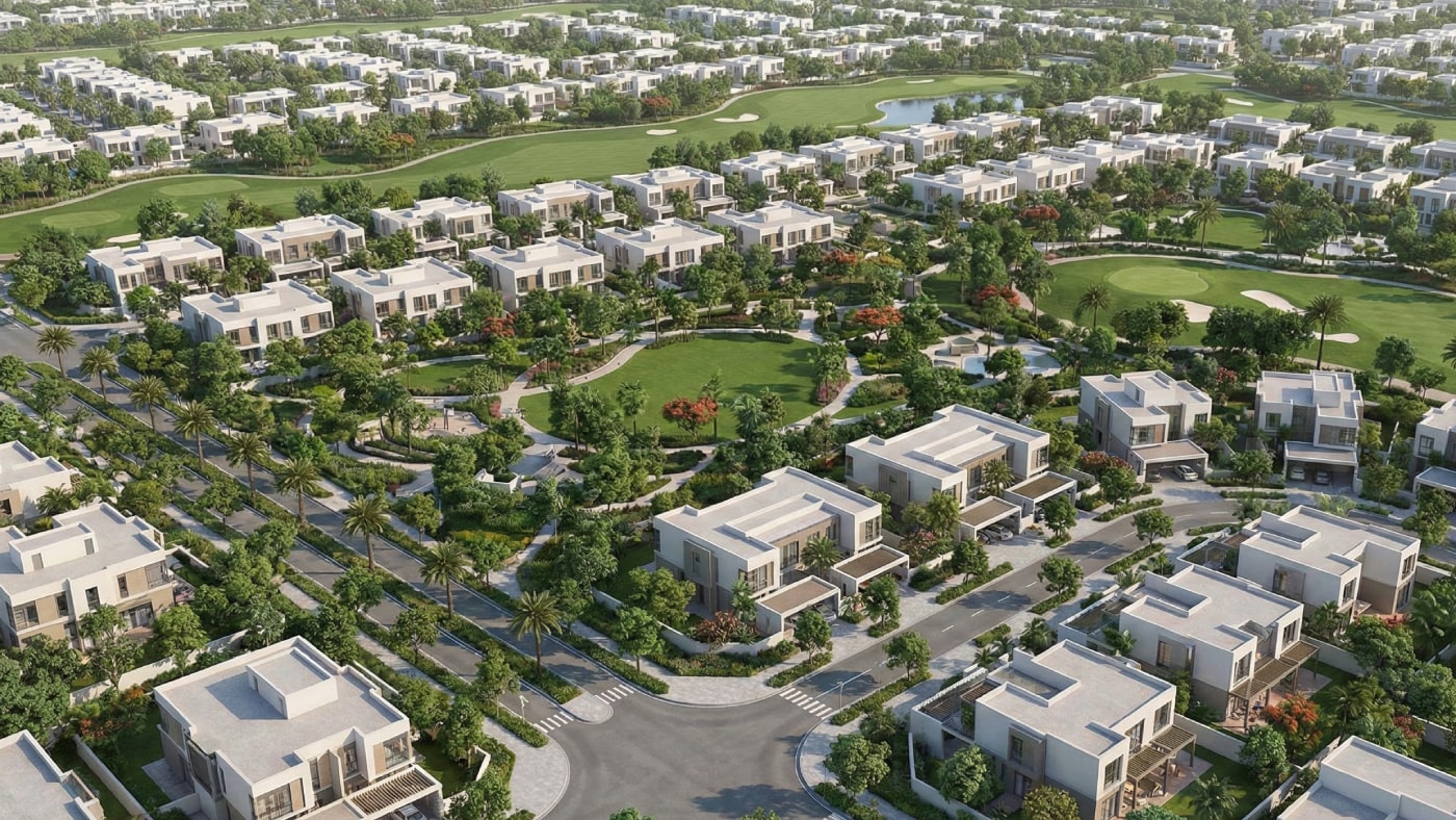 AI Generated Image of a completed, green residential community resembling Dubai Hills Estate, featuring modern villas surrounded by parks and a golf course.