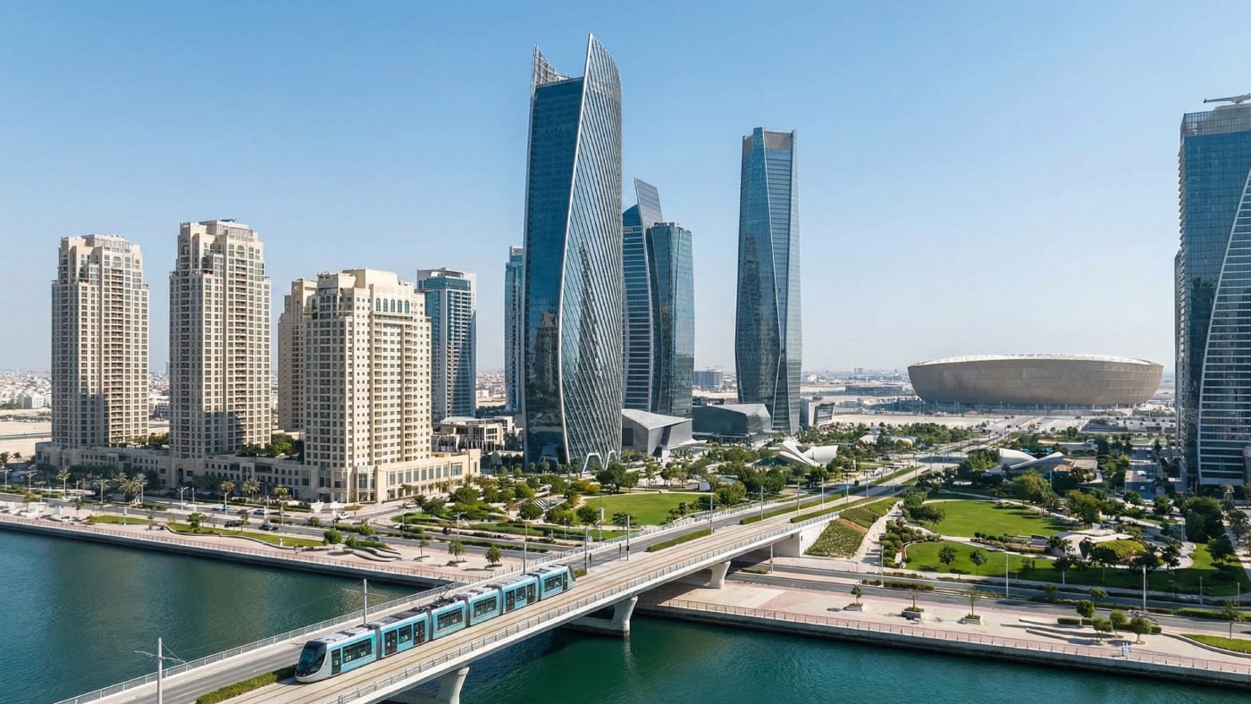 AI Generated Image of the modern skyline of Lusail City, featuring unique skyscrapers, a tram system, and the Lusail Stadium in the background.