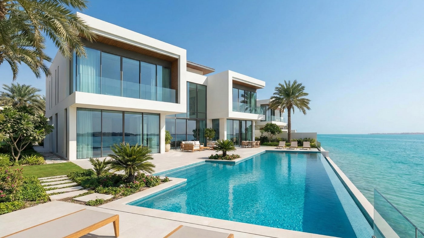 AI Generated Image of a contemporary luxury villa with a private infinity pool overlooking the turquoise waters of the Arabian Gulf in Qatar.