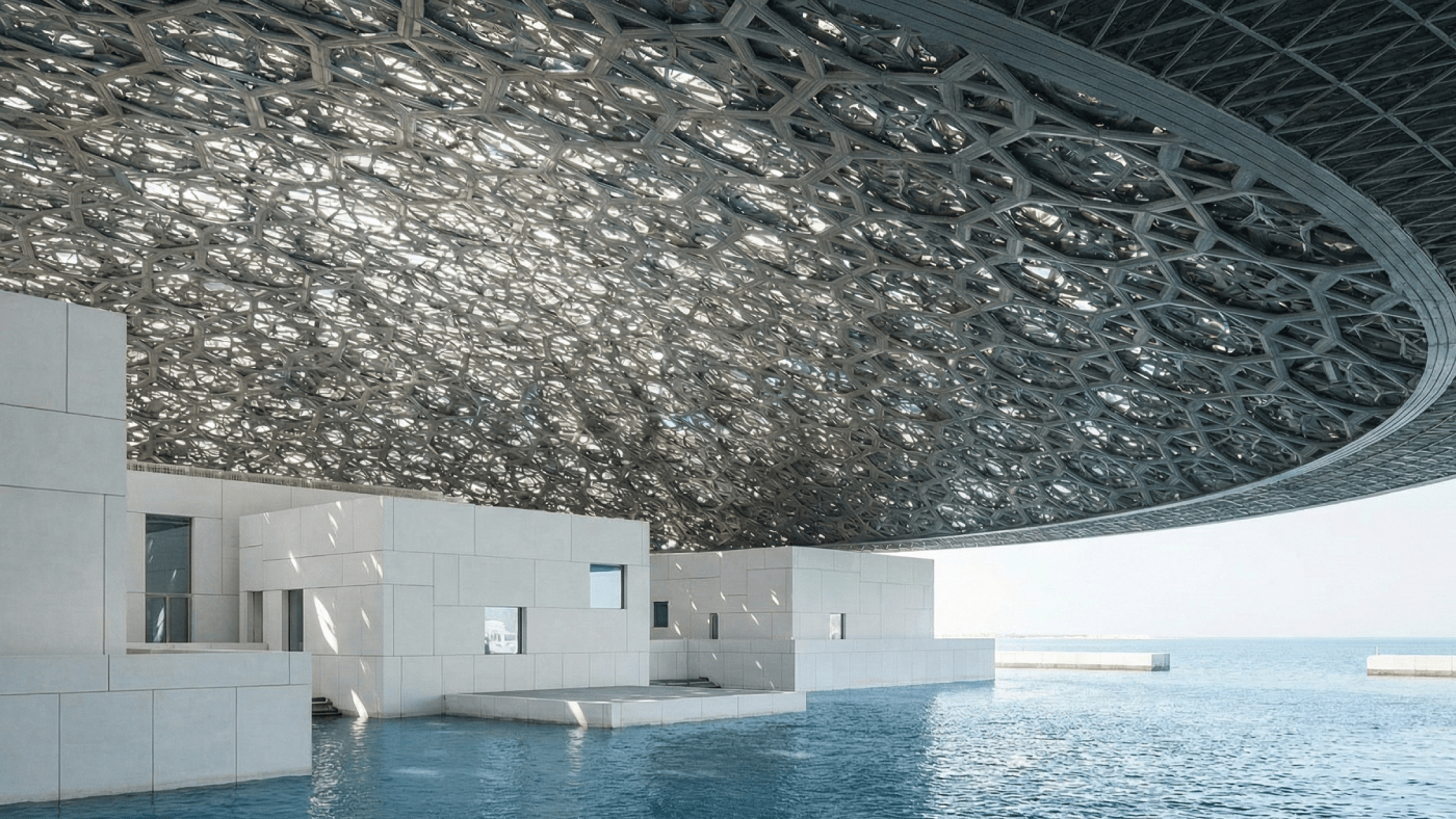 AI Generated Image of the interior of the Louvre Abu Dhabi, showing men walking beneath the intricate geometric dome and along the water channels.