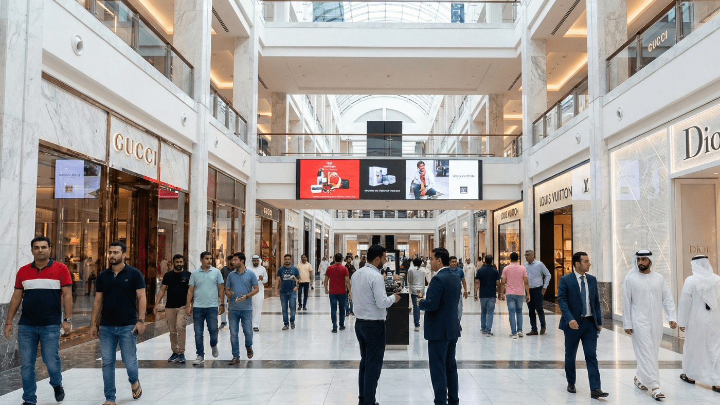 AI Generated Image of the bustling interior of the Dubai Mall, showing luxury store facades and various men walking through the main atrium.