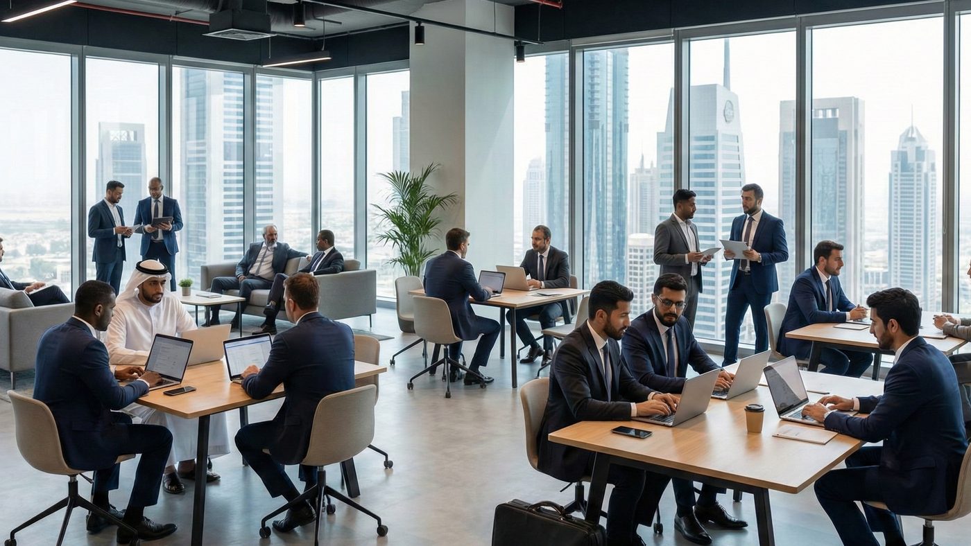 AI Generated Picture of international male investors shaking hands in a modern conference hall lobby, symbolizing global partnerships and diverse funding.