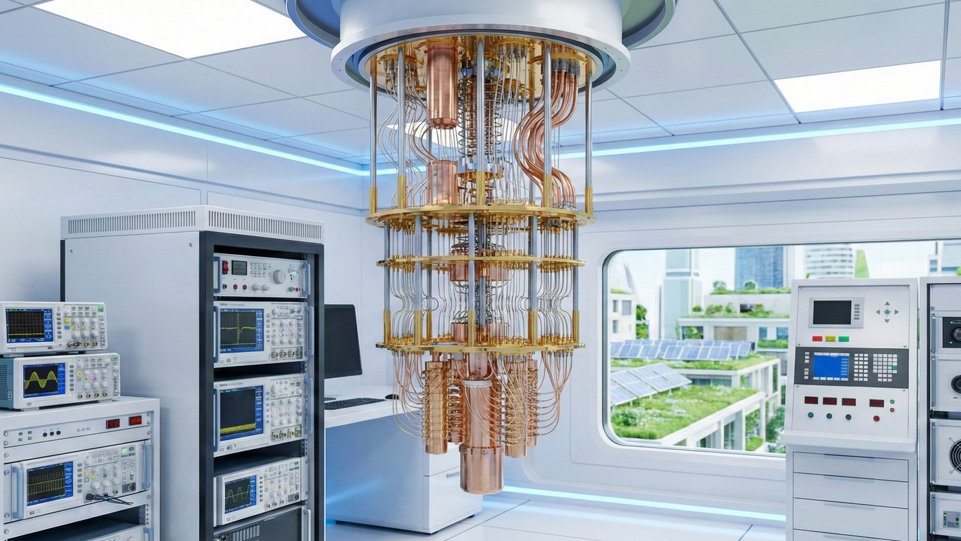 AI Generated Picture of a futuristic quantum computing research laboratory with advanced equipment and a view of a sustainable city, symbolizing investment in future technologies and ecosystem growth.