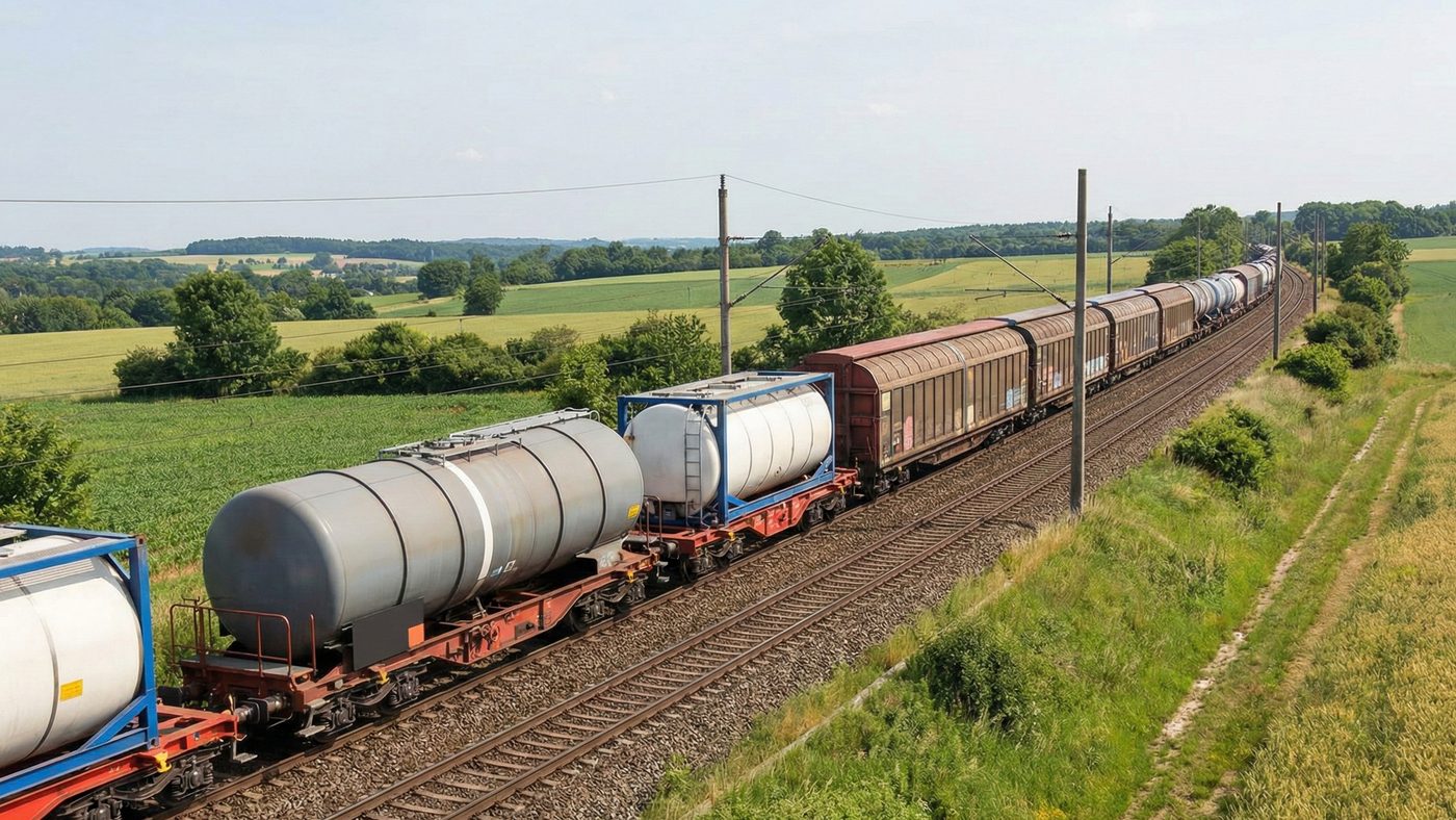 AI Generated Picture of a long European freight train, illustrating ADIA's strategic shift towards infrastructure investments like VTG.
