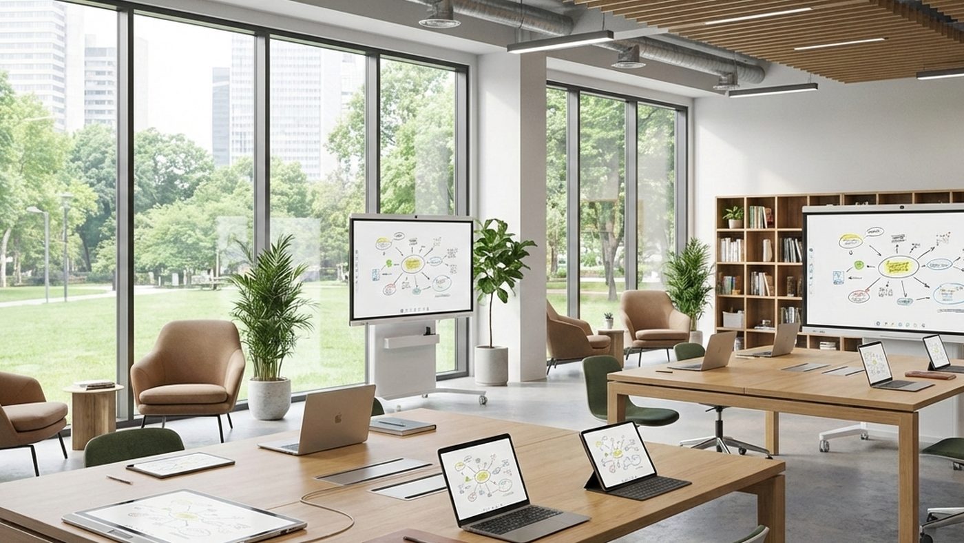 AI Generated Picture of a modern, collaborative co-working space with interactive digital whiteboards and laptops, highlighting the focus on human-centric leadership and AI fluency.