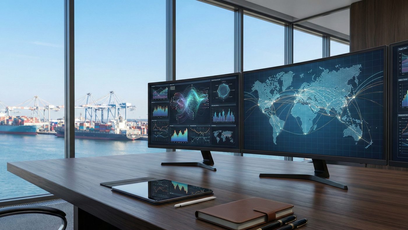 AI Generated Picture of a modern executive desk with multiple monitors displaying global trade data and analytics, overlooking a busy seaport, illustrating strategic decision-making and global connectivity.