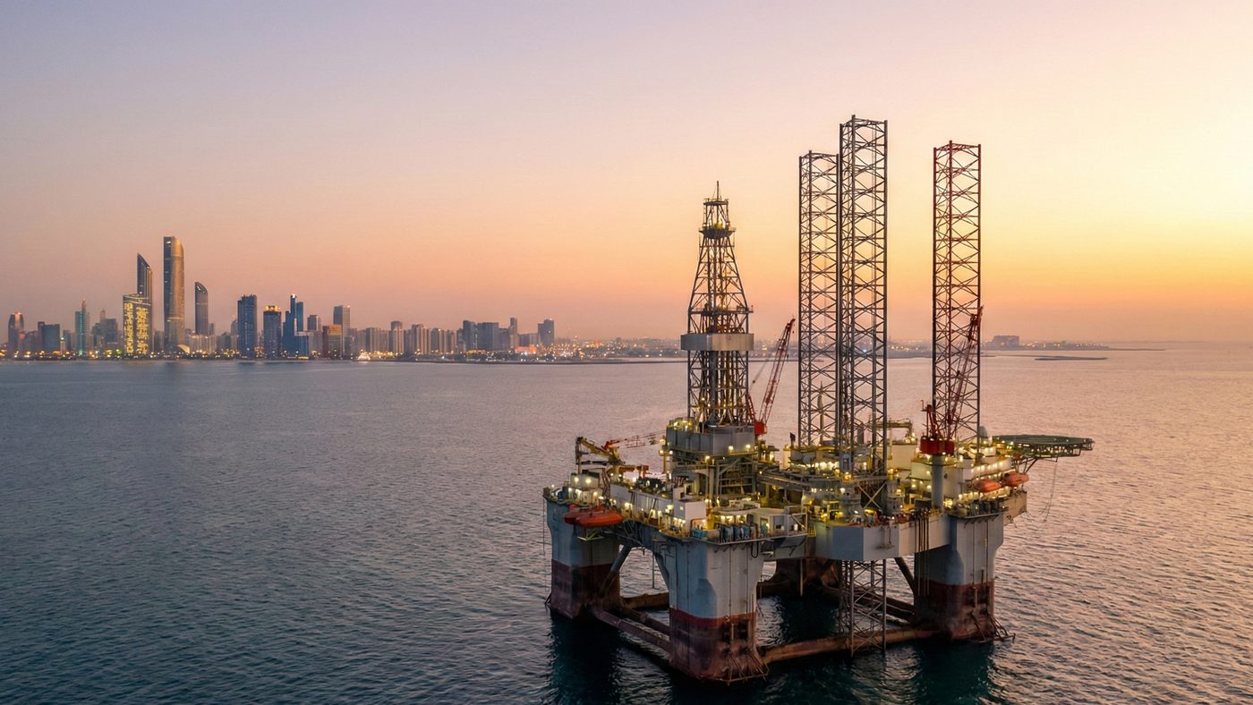 AI Generated Picture of an offshore oil rig with a city skyline in the distance, representing the petroleum origins of ADIA's massive assets.