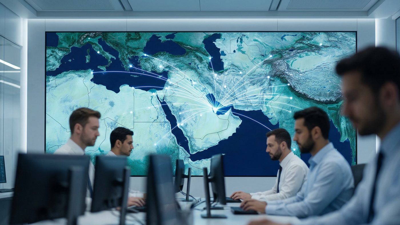 AI Generated Picture inside a modern network operations center where a large wall monitor displays a high-resolution map of the MEASA region with pulsing light lines originating from Doha and connecting to multiple unmarked city points.
