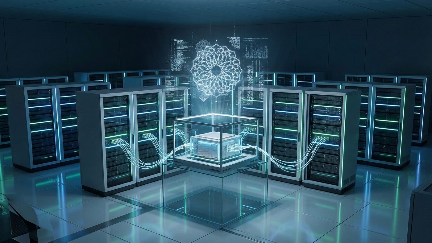 AI Generated Picture of A Futuristic Server Room in the UAE with an 'AI Core' and Arabic-Inspired Digital Projections, symbolizing the advanced integration of artificial intelligence and cybersecurity.