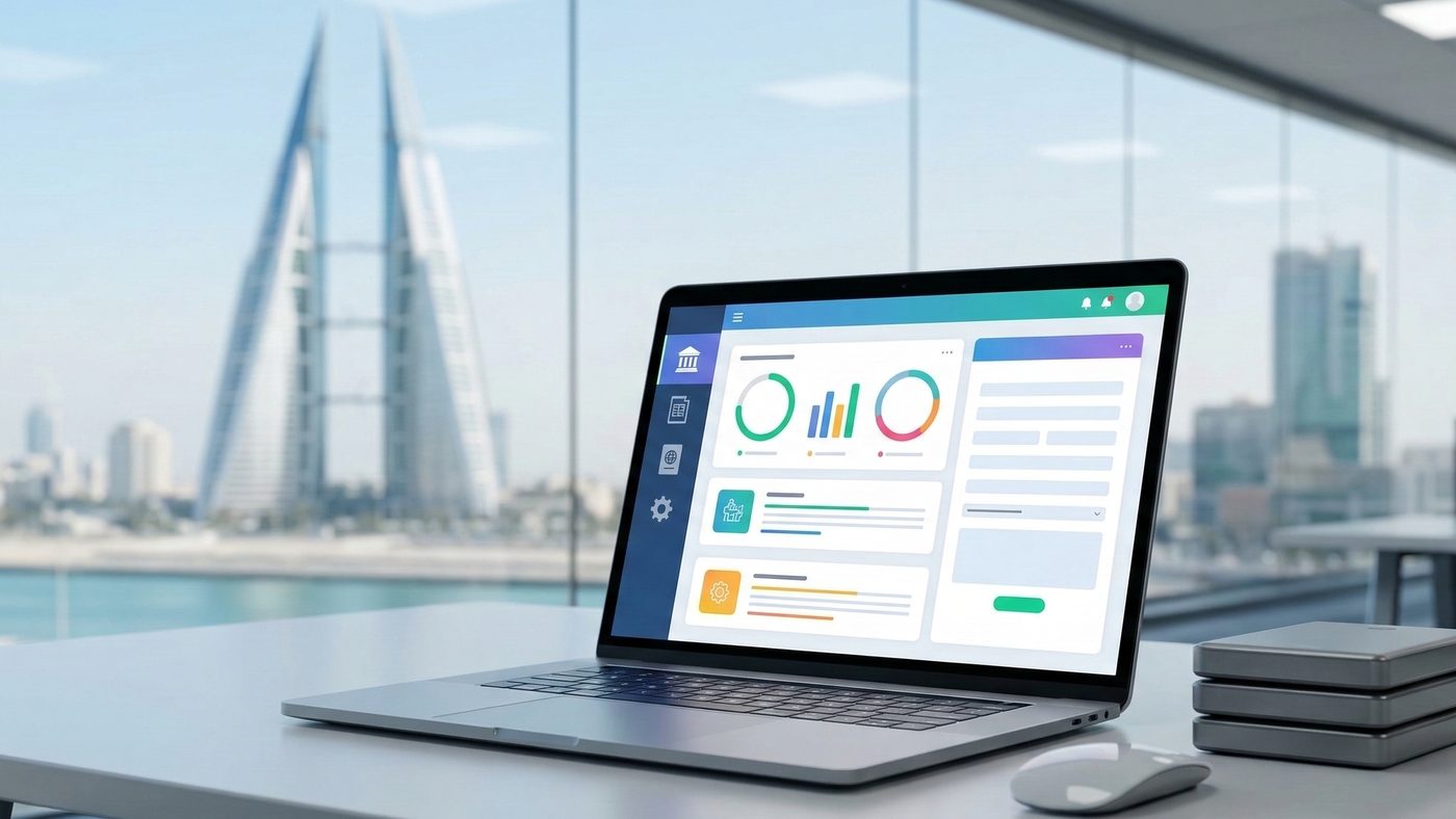 AI Generated Picture of A Laptop Computer in a Contemporary Office, highlighting Bahrain's Advanced Digital Governance for Residency Applications.