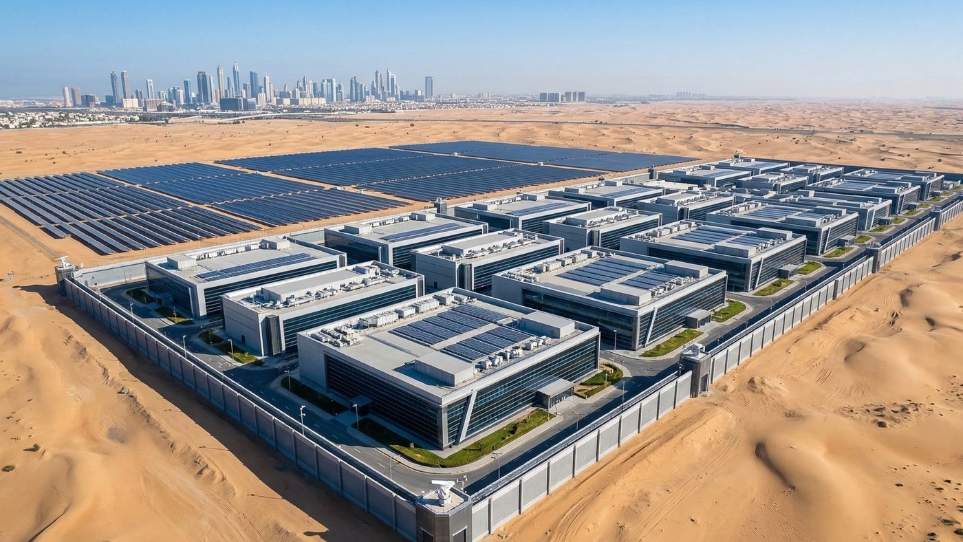 AI Generated Picture of A Large Hyperscale Data Center Campus in the UAE Desert, illustrating the significant physical infrastructure investment and its secured periphery.