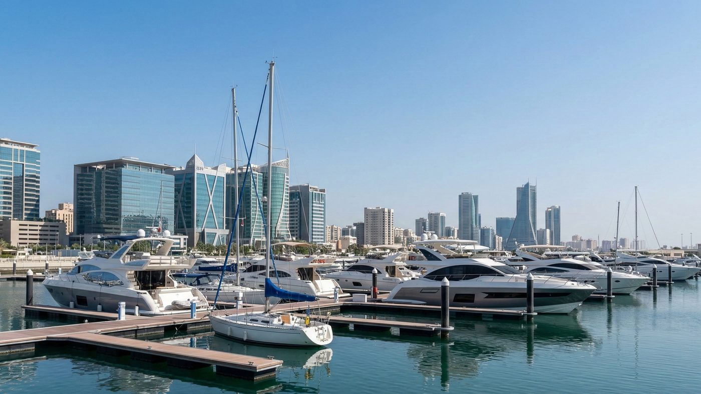 AI Generated Picture of A Modern Marina in Bahrain, Demonstrating the Compact and Resourceful Infrastructure available in the Kingdom.