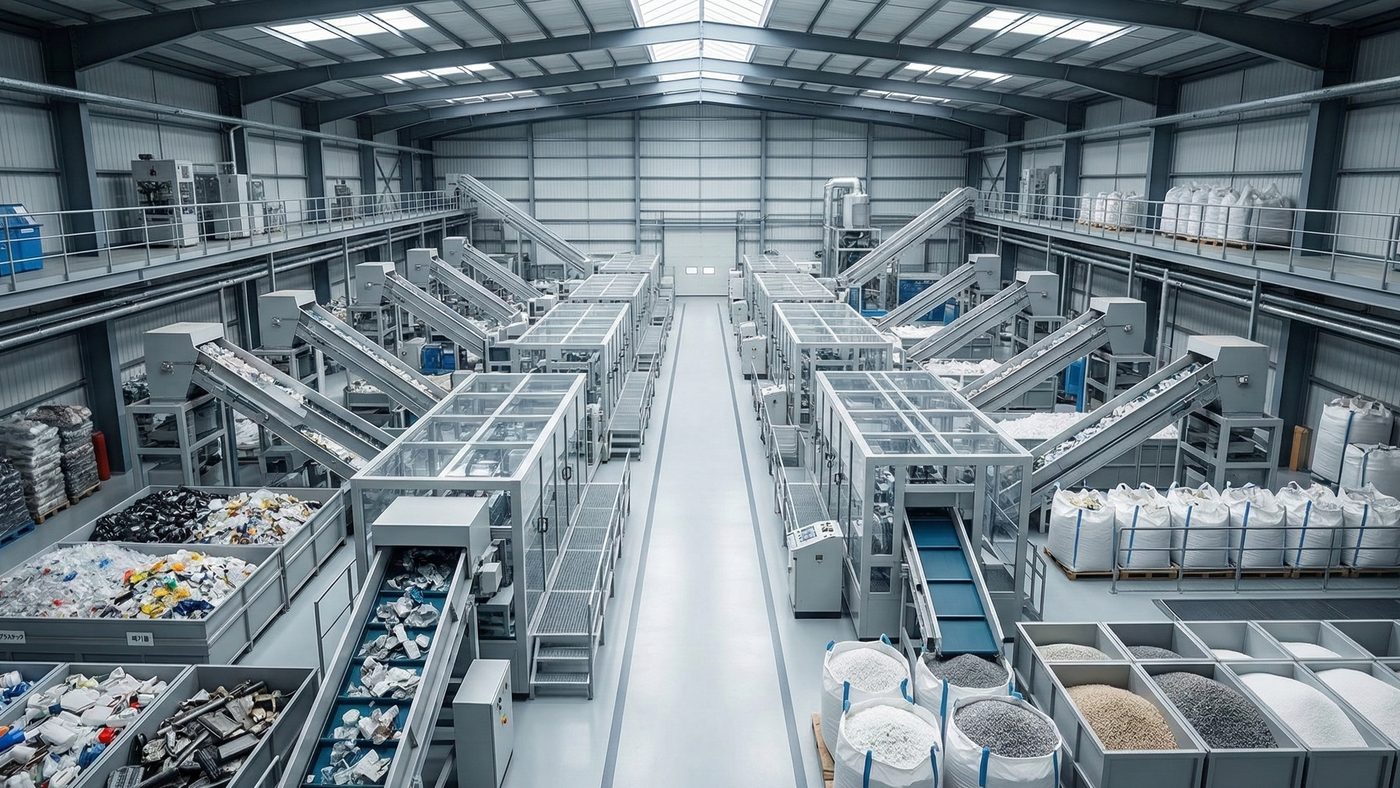 AI Generated Picture of A hyperrealistic, high-angle exterior photograph capturing a massive, integrated, modern industrial recycling facility in Saudi Arabia during the daytime, featuring organized piles of waste plastics and other industrial waste being refined into raw materials.