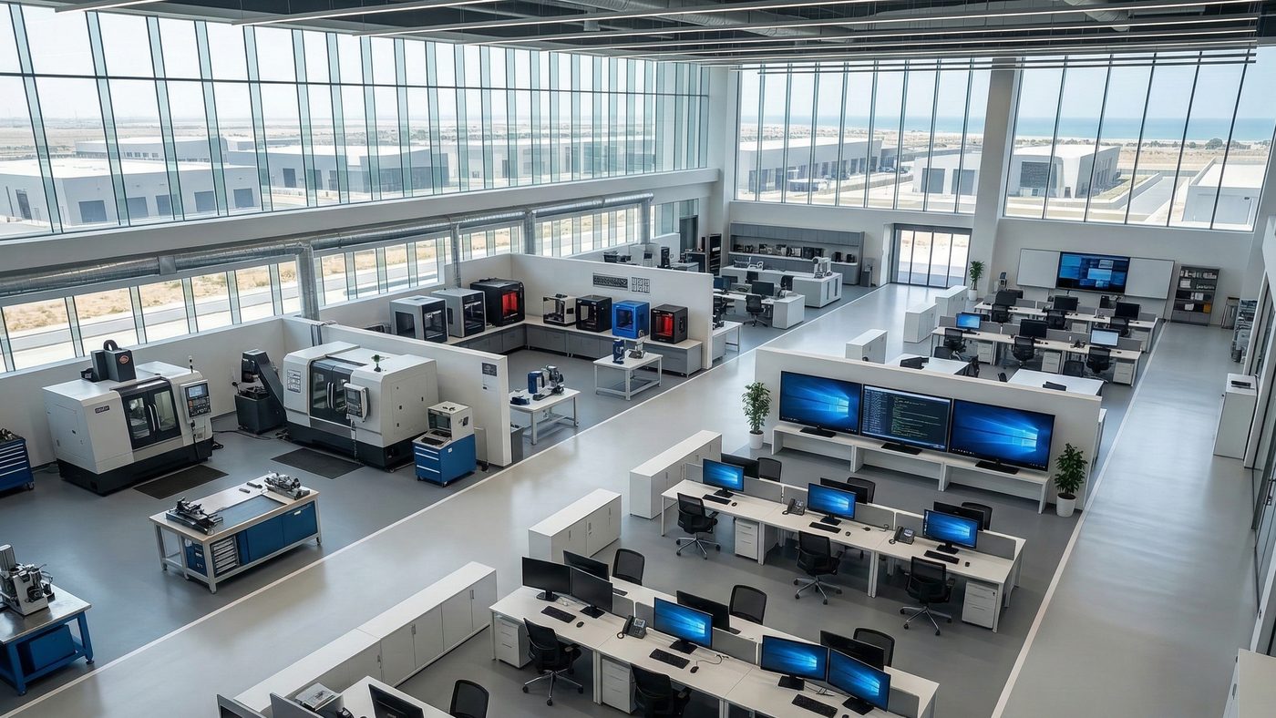 AI Generated Picture of A hyperrealistic, high-angle interior photograph capturing a modern, clean Small and Medium Enterprise (SME) incubation center and research facility within a sprawling modern industrial park in Saudi Arabia during the daytime, equipped with a precision machining workshop, rapid prototyping lab, software development area, and a logistics startup office.