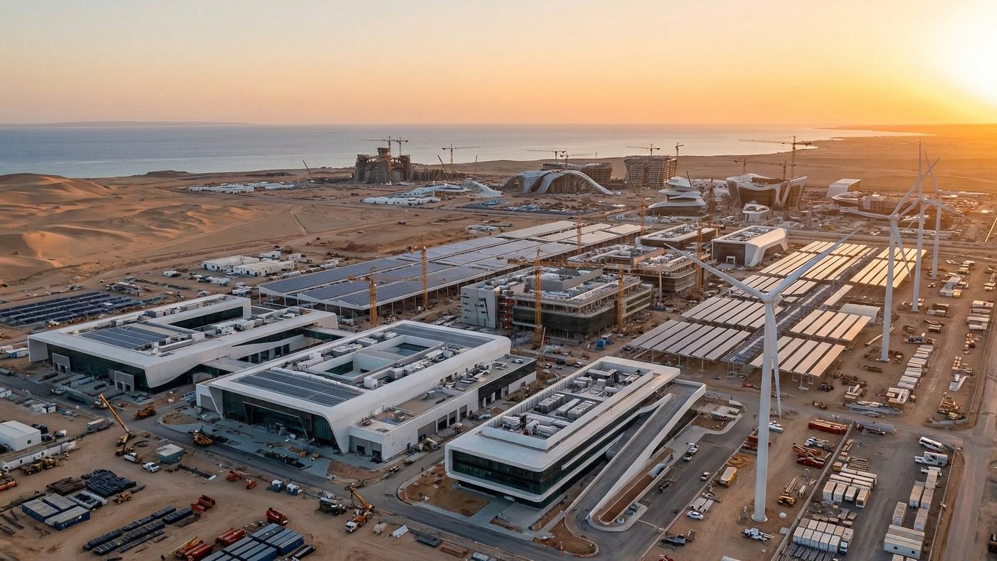 AI Generated Picture of A massive, integrated construction site along the Red Sea coast of Saudi Arabia, dedicated to the NEOM project during the sunset golden hour, featuring numerous advanced factories with rooftop solar panels, large wind turbines, and other architectural concepts under organized construction.
