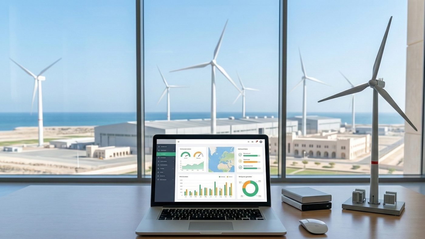 AI Generated Picture of An Office Desk in Duqm, Oman, with a Laptop Showing Operations Data and a View of the Mawarid Green Technologies Plant.