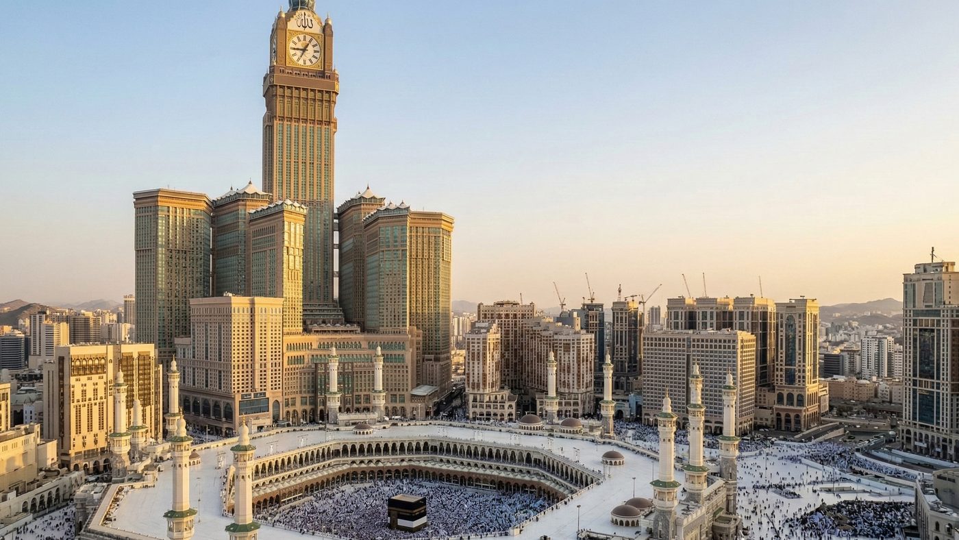 AI Generated Picture of The Grand Mosque in Mecca, framed by the soaring Abraj Al-Bait Towers and other modern religious hospitality facilities.