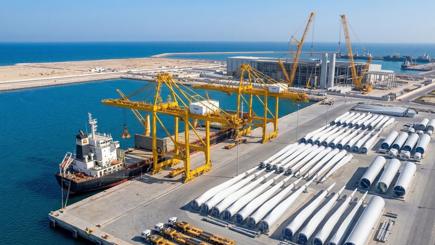 AI Generated Picture of The Industrial Port of Duqm, Oman, Preparing to Receive or Export Wind Turbine Components to Meet Growing Demand in the GCC.