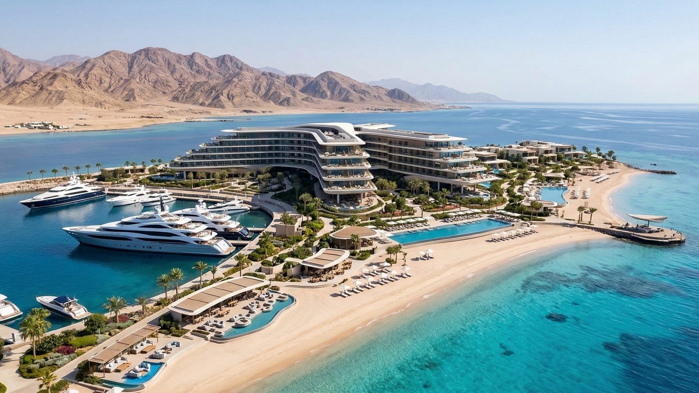AI Generated Picture of The Luxury Sindalah Island Resort on the Red Sea, part of the NEOM project, showcasing the upscale hospitality segment.