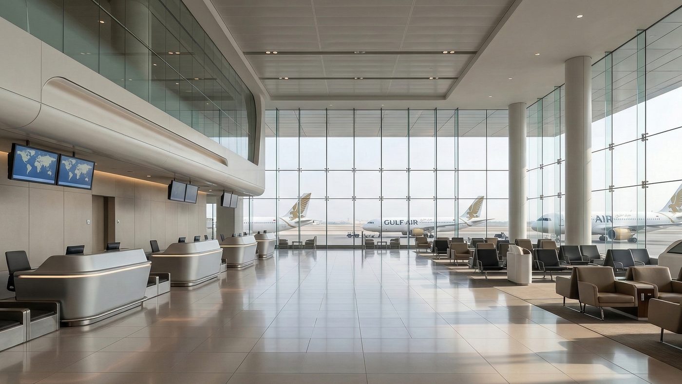AI Generated Picture of The Modern Interior of Bahrain International Airport, Symbolizing its Seamless and Efficient Process for Long-Term Residents.