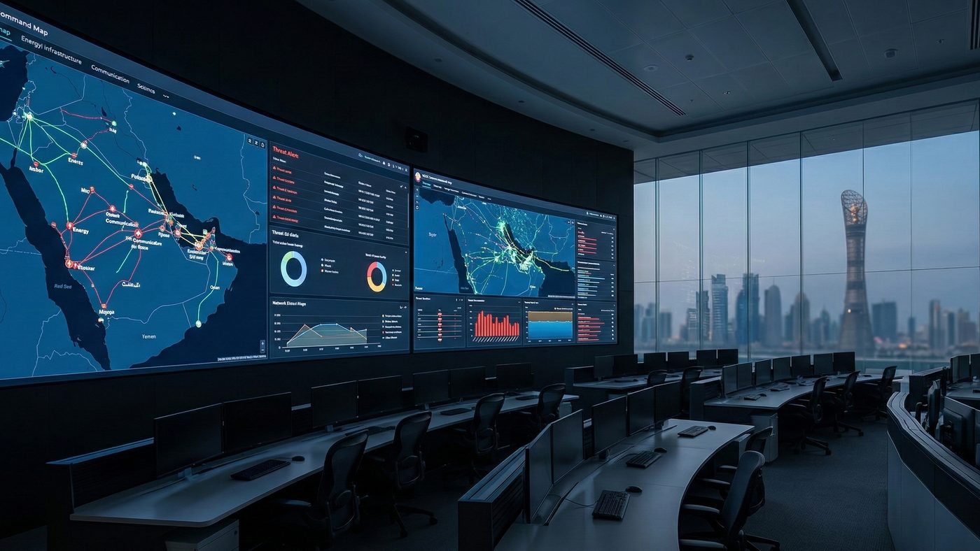AI Generated Picture of The sophisticated interior of a National Cyber Security Center Command Room in Qatar, demonstrating real-time monitoring of critical national infrastructure.