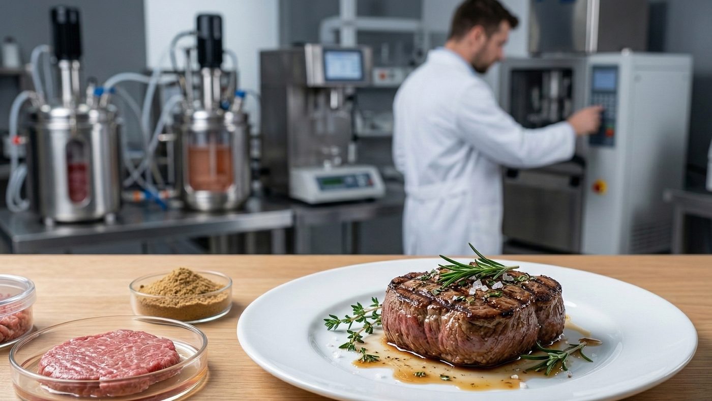 AI Generated Picture of a cooked cultured meat steak and sample petri dishes in a modern laboratory kitchen.