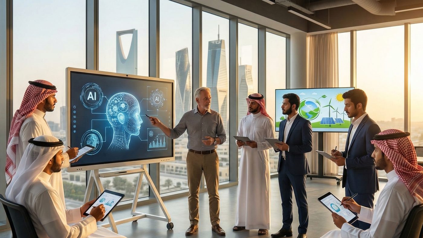 AI Generated Picture of a diverse group of male professionals in a KAFD co-working space, with a foreign mentor (Premium Residency holder) teaching young Saudis using advanced tablets, illustrating knowledge transfer for non-oil economies.
