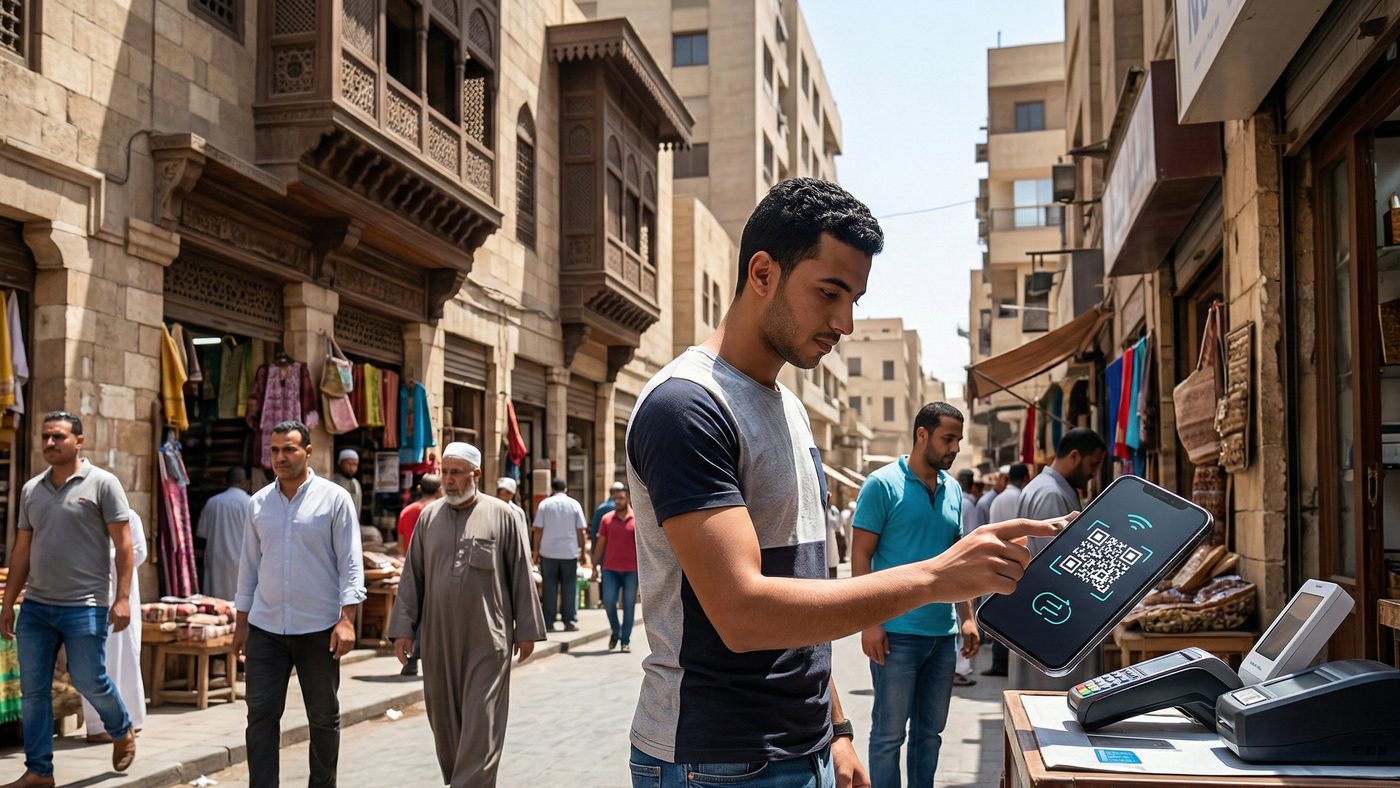 AI Generated Picture of a dynamic street market in Cairo, Egypt, at midday, where a male pedestrian (T-shirt, jeans) is making a QR code payment with his smartphone at a traditional stall, showing a transaction graphic.