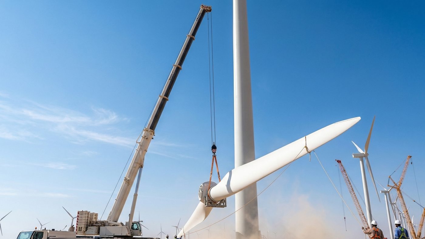 AI Generated Picture of a massive crane lifting a wind turbine blade at a construction site in the Oman desert, showcasing the country's rapid development.