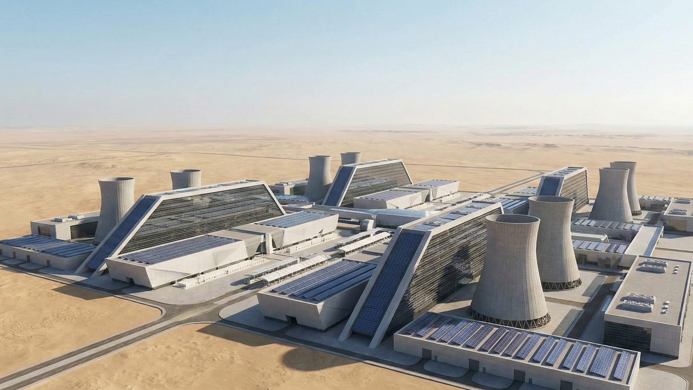 AI Generated Picture of a massive, modern data center complex in the desert, showcasing the significant investment in artificial intelligence infrastructure in the region.