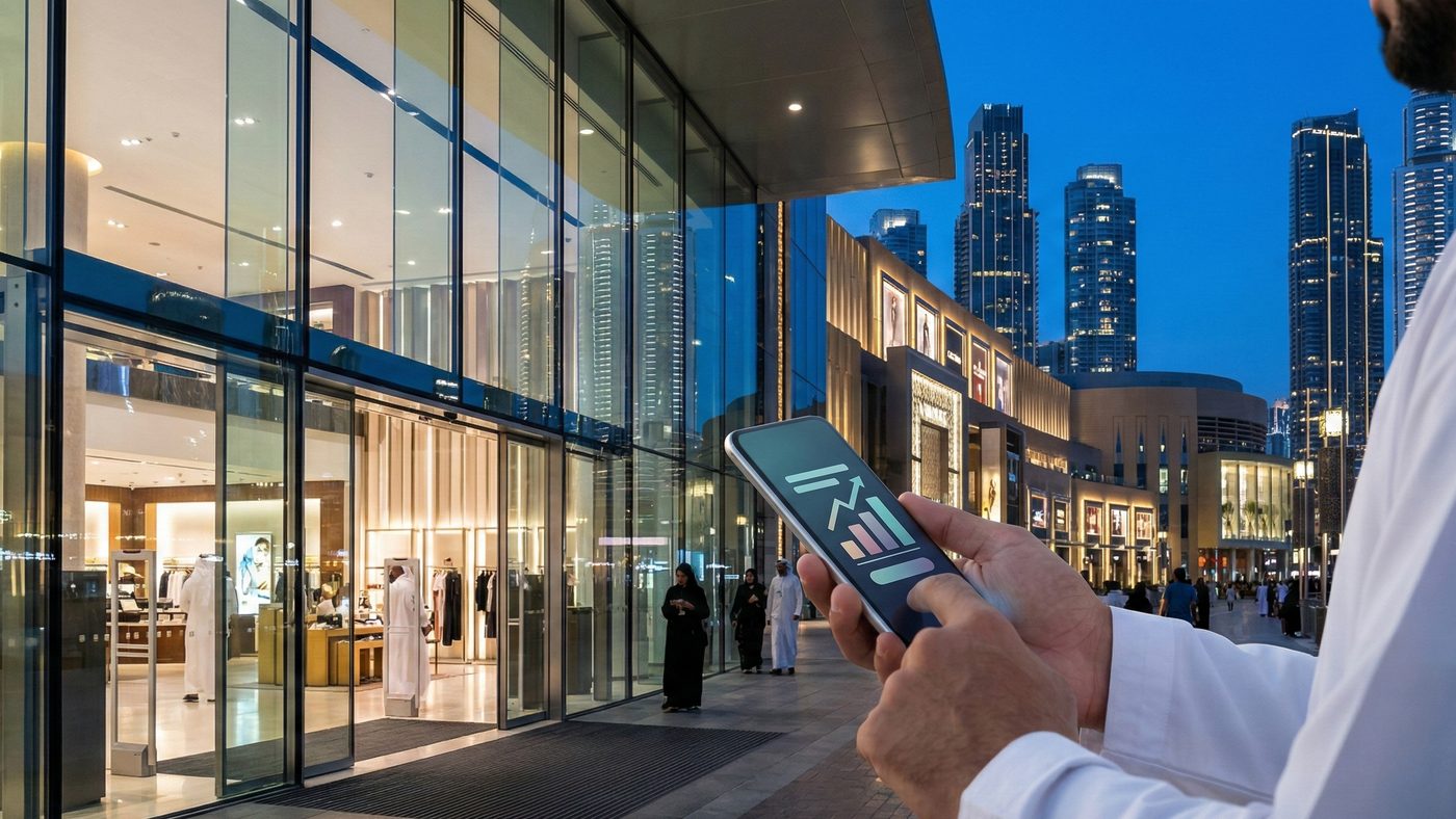 AI Generated Picture of a modern Arab man in a traditional Thobe using his smartphone for a BNPL payment with a stylized interface (no text) near a glass-fronted shopping mall entrance in Dubai at dusk.