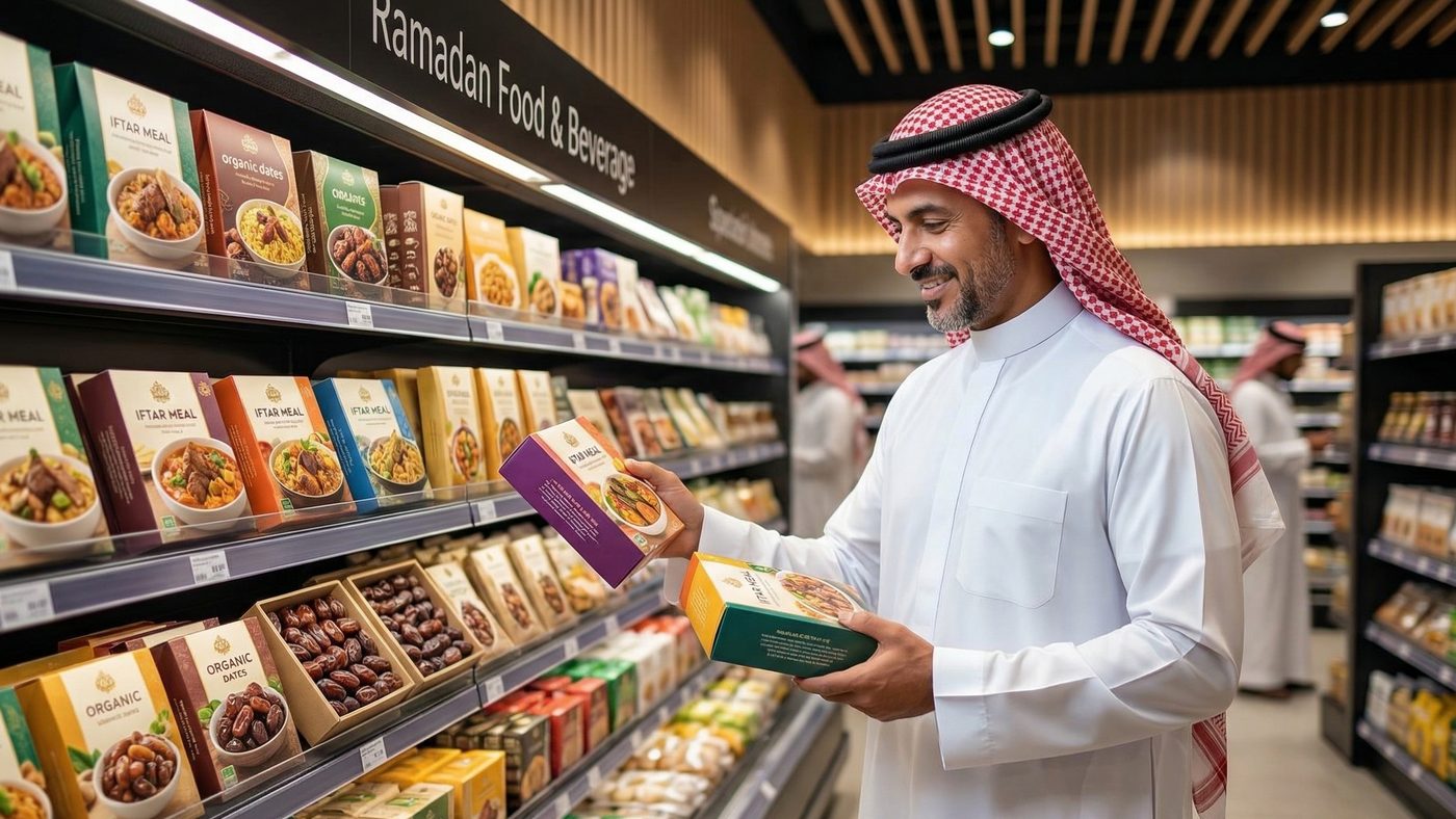 AI Generated Picture of a modern F&B supermarket aisle in Dubai displaying curated "premium ready-to-eat" Iftar meals, where a male shopper in a white thobe selects non-bulk items.
