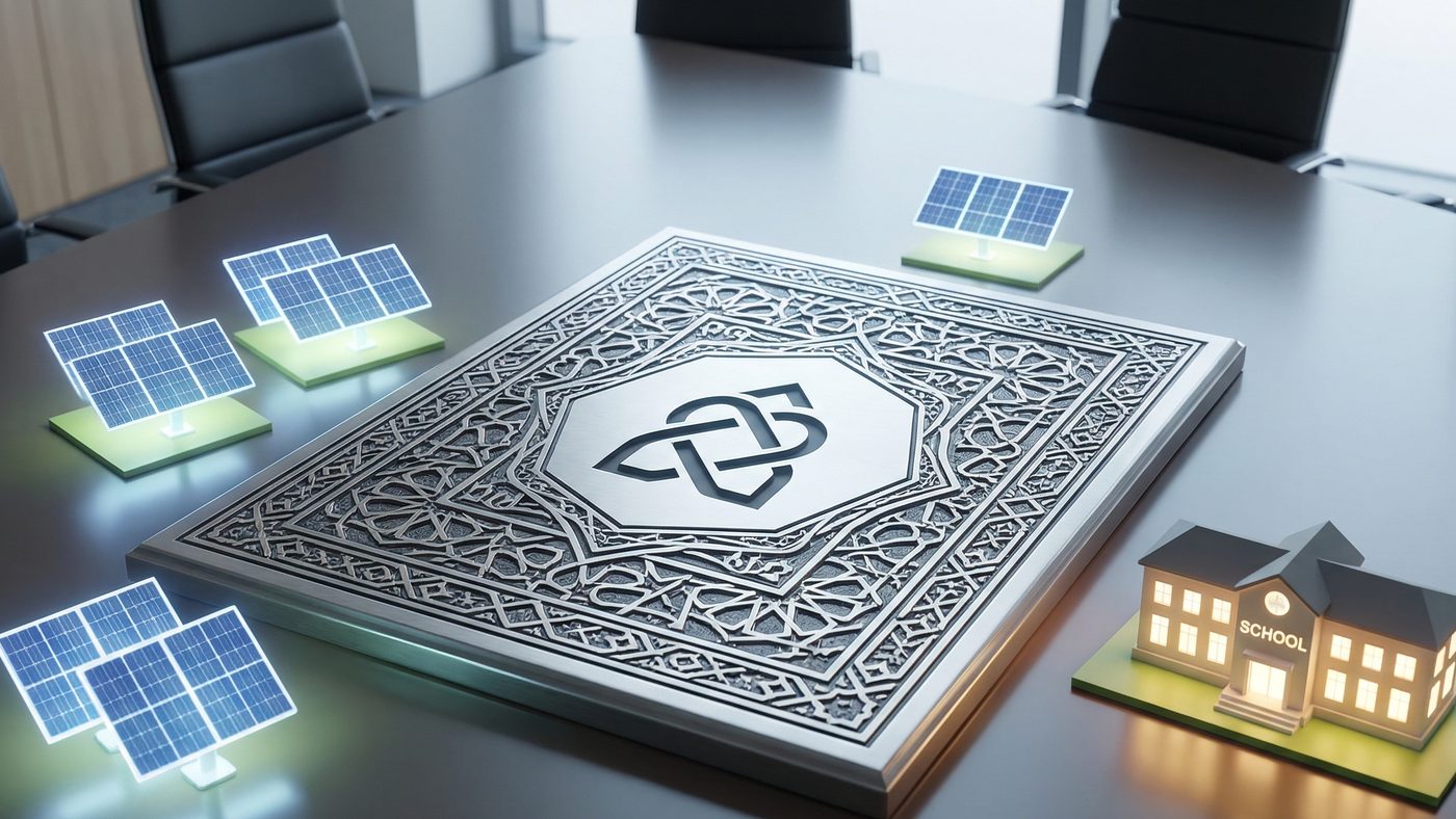 AI Generated Picture of a modern Sukuk certificate physically represented by an engraved plaque with arabesque patterns, lying next to small, softly glowing models of wind turbines and a school building.