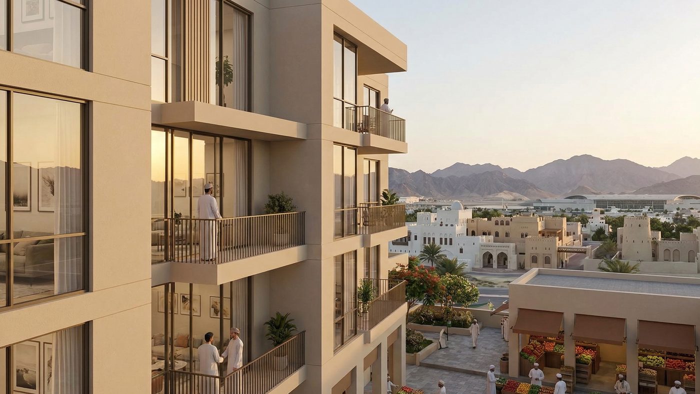 AI Generated Picture of a modern apartment complex within an Integrated Tourism Complex (ITC) near Muscat, Oman, capturing high-quality yet affordable living under the Golden Residency Program.