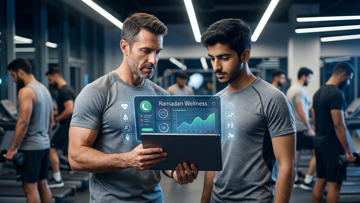 AI Generated Picture of a modern fitness center in Doha, crowded with men (no women) exercising during a late-night Ramadan session, where a male trainer uses a personalized health app.