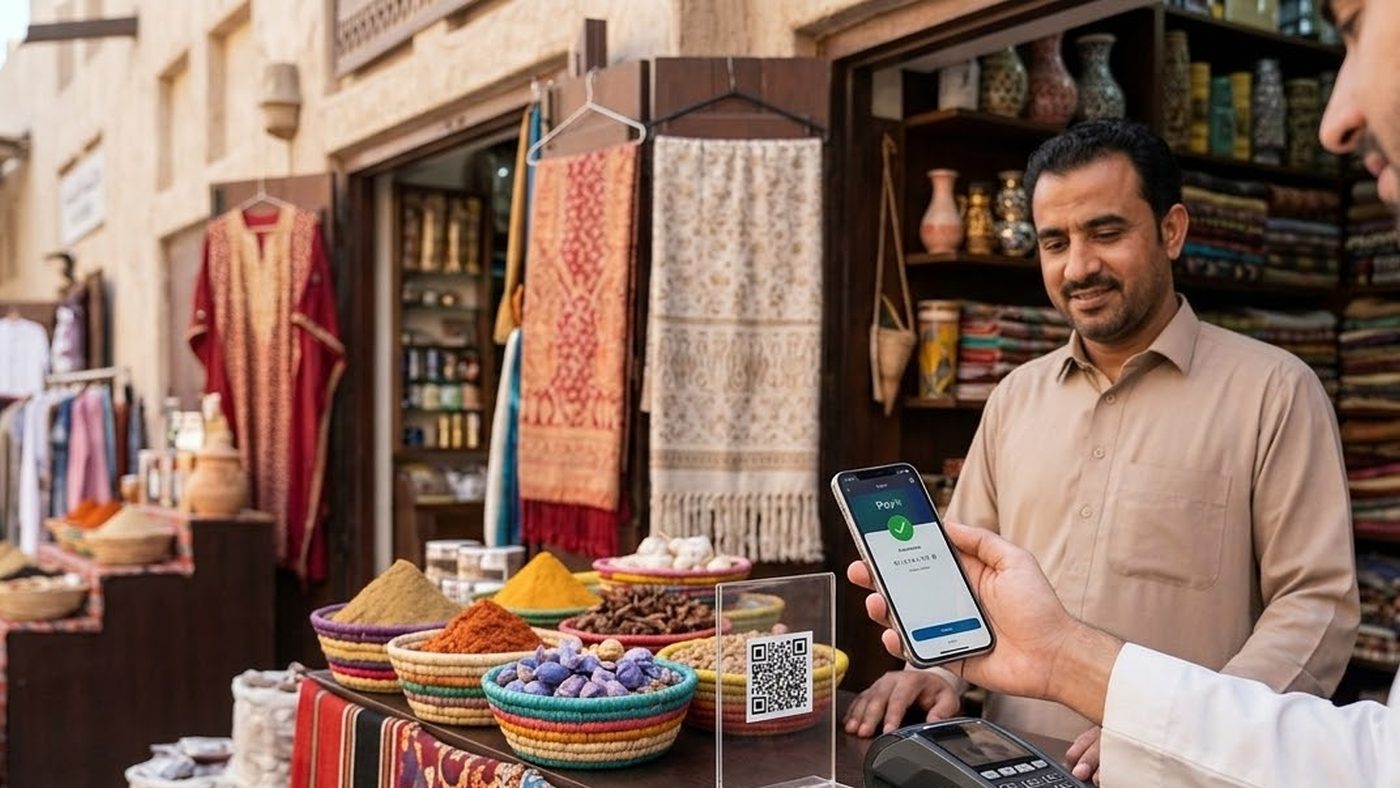 AI Generated Picture of a modern smartphone actively scanning a QR code for payment at a traditional market stall in a Dubai souk, UAE.
