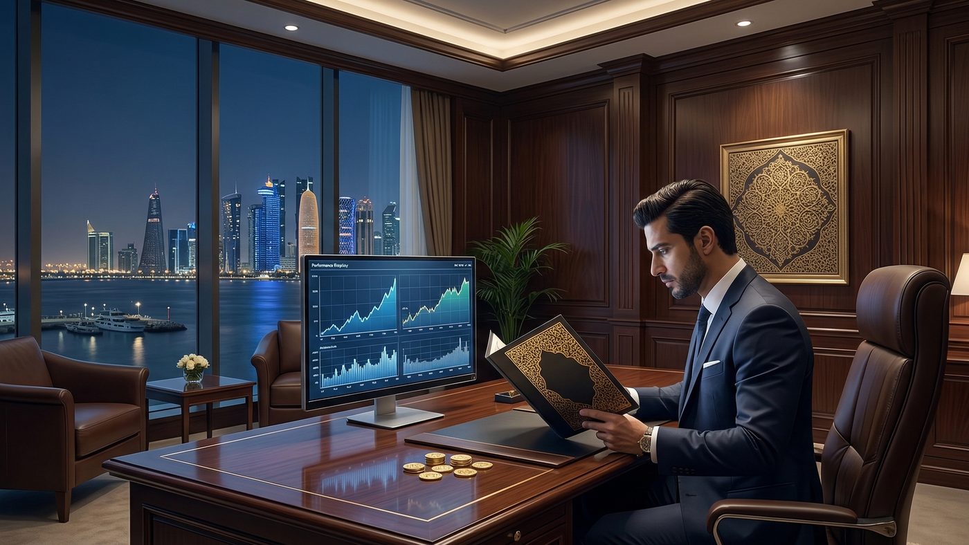 AI Generated Picture of a private wealth management office inside QFC, Doha, at night, with Luxurious dark wood paneling and fine leather furniture, and a large window overlooking the illuminated harbor.