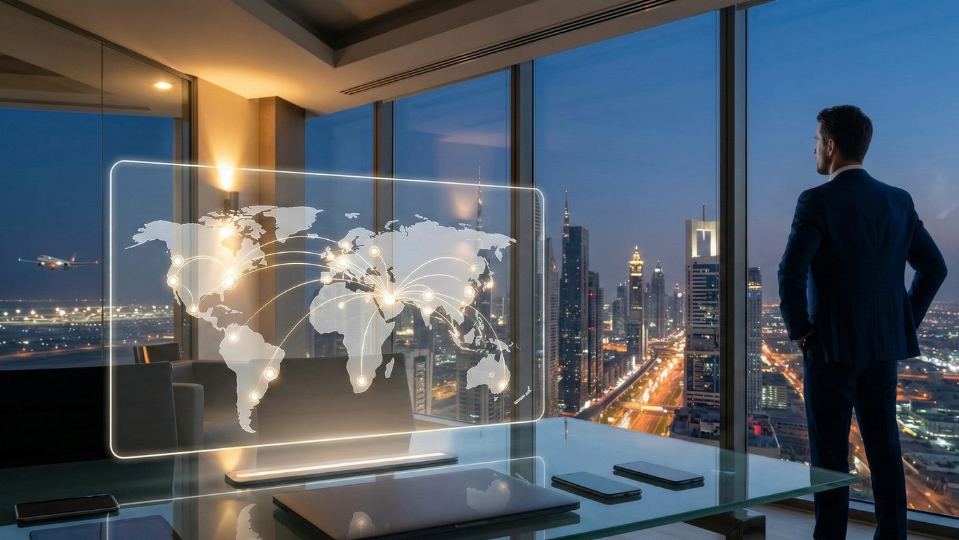 AI Generated Picture of a sophisticated modern office in a major Middle Eastern financial district building at dusk, with a sleek glass desk showing a glowing holographic visualization of global network connections.