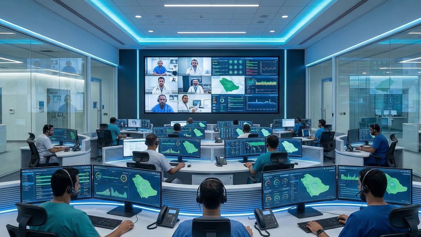 I Generated Picture of a sophisticated virtual hospital command center in Riyadh, Saudi Arabia, designed to coordinate remote healthcare across the Kingdom.