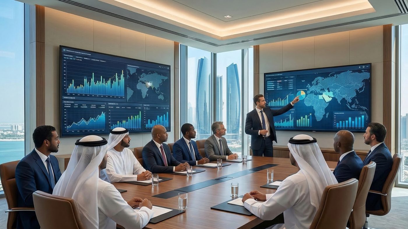 AI Generated Picture of a strategic investment meeting discussing funding for health technology and telemedicine expansion in Abu Dhabi.