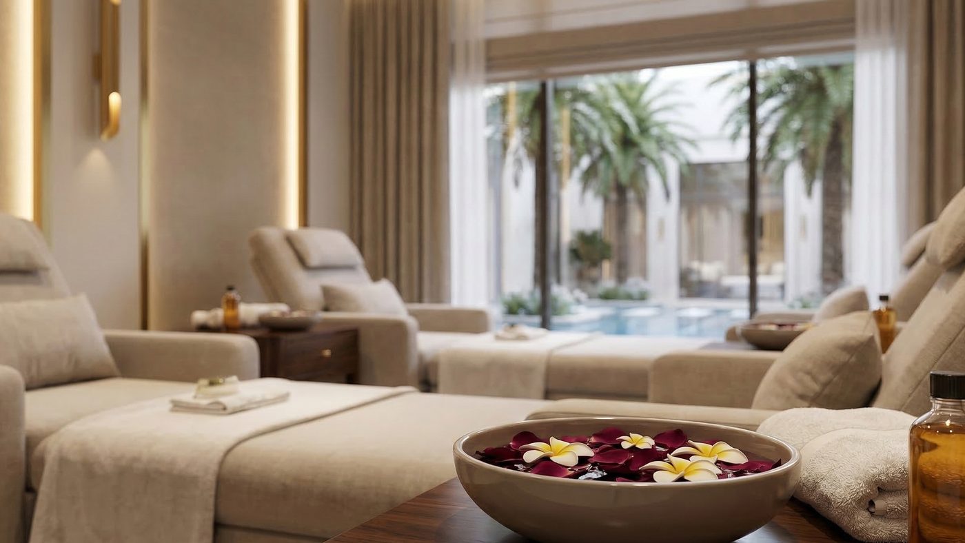AI Generated Picture of a tranquil luxury beauty salon in Dubai, featuring floating frangipani flowers and soft lighting, showcasing the growing demand for premium women-only wellness spaces.