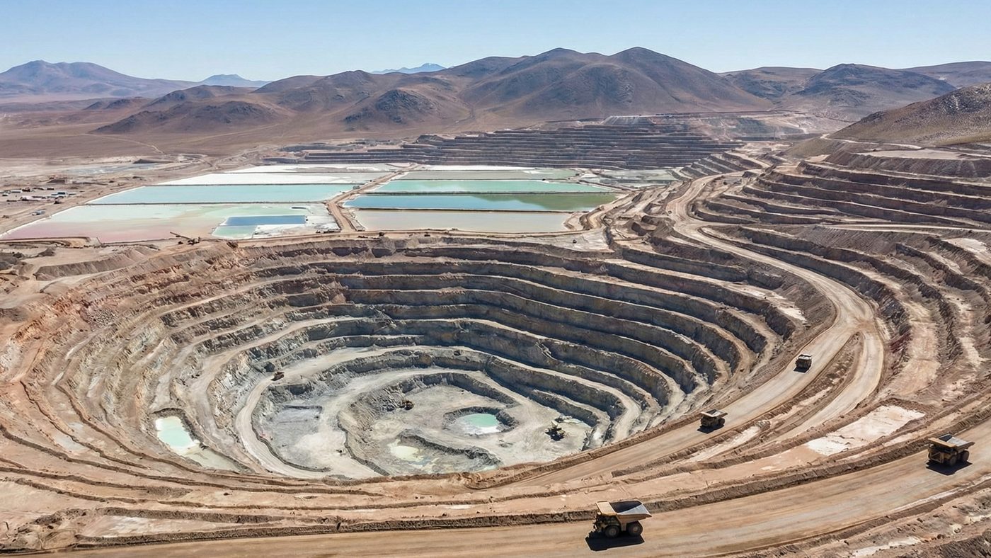 AI Generated Picture of a vast open-pit lithium mine, highlighting the global race for critical minerals to support the energy transition and economic diversification.