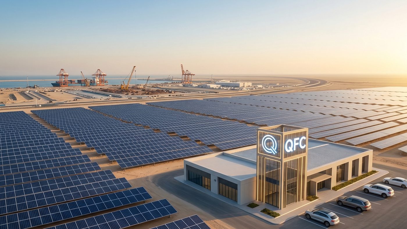 AI Generated Picture of a vast solar power plant in the desert, next to a modern project management facility branded with a glowing QFC logo structure. Countless rows of solar panels extend towards the horizon.