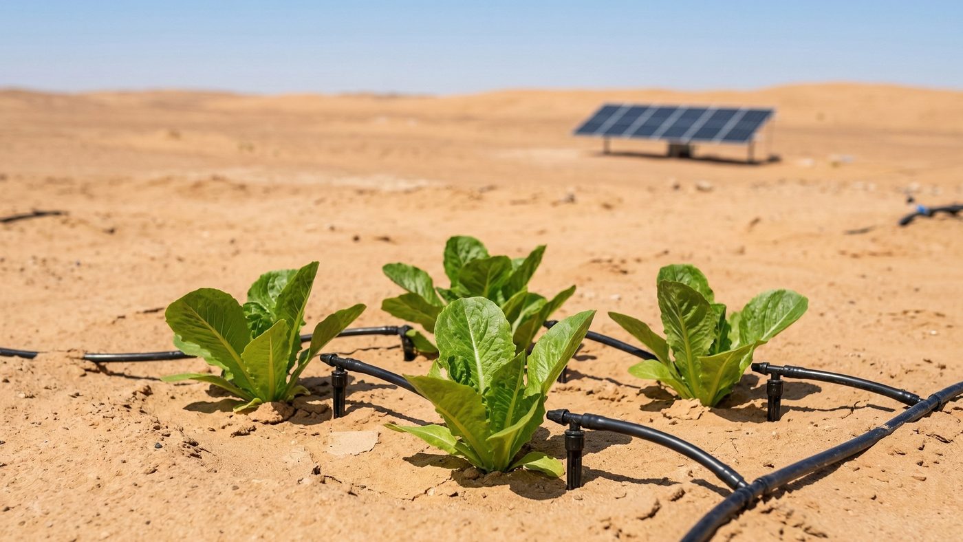 AI Generated Picture of a young leafy vegetable plant thriving in sand with a modern drip irrigation system.