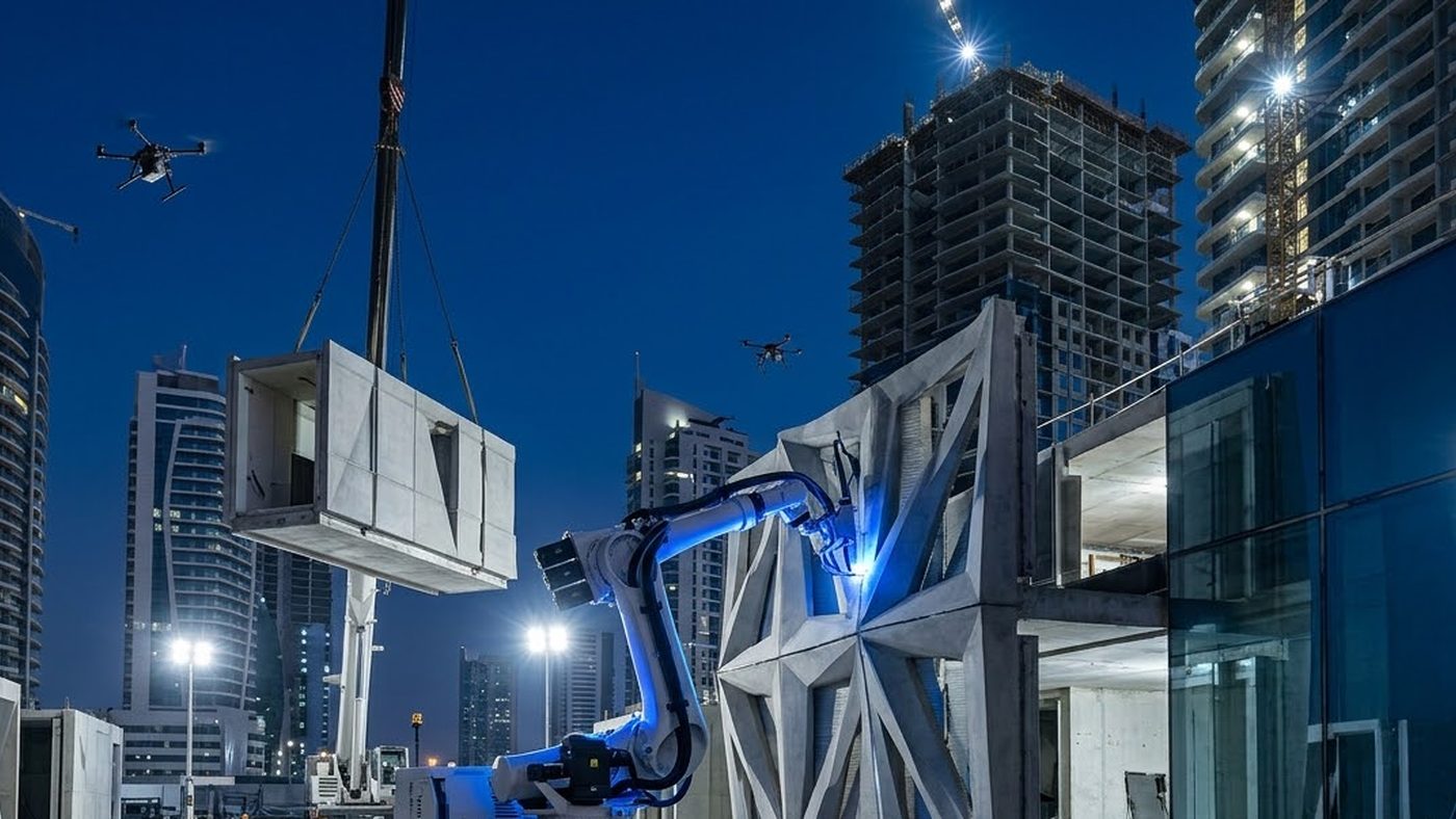 AI Generated Picture of an advanced construction site for a luxury hotel in the Gulf, featuring robotic 3D printing of a concrete wall facade at night.