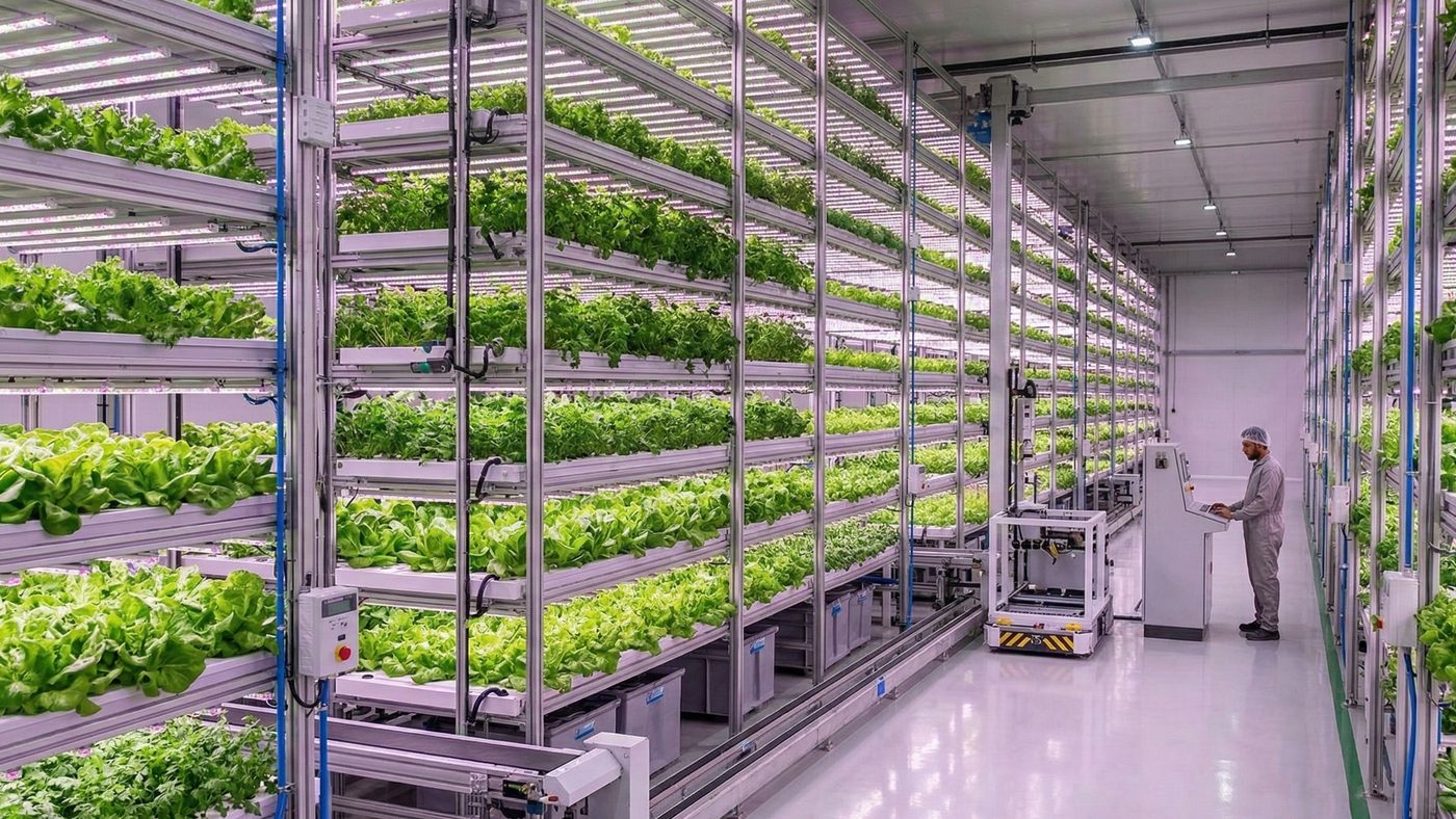 AI Generated Picture of an indoor automated vertical farming facility with stacked trays of green leafy vegetables under LED lights.
