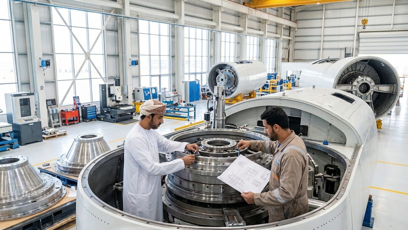 AI Generated Picture of engineers assembling wind turbine components inside a modern manufacturing facility in Oman, highlighting the localization of technology.