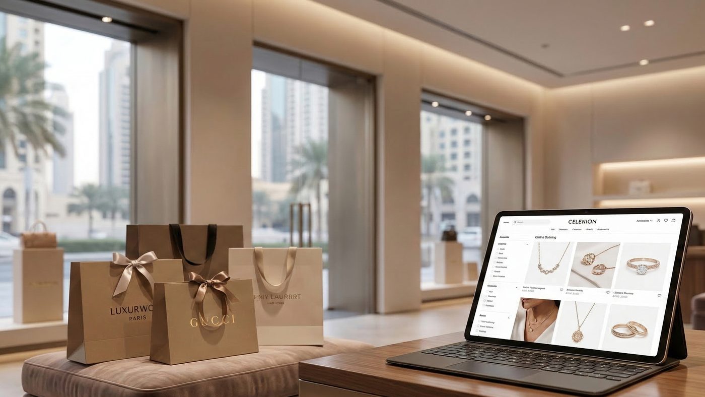 AI Generated Picture of luxury shopping bags and an open tablet displaying an online catalog within a sophisticated boutique, illustrating the seamless omnichannel shopping experience favored by modern consumers.
